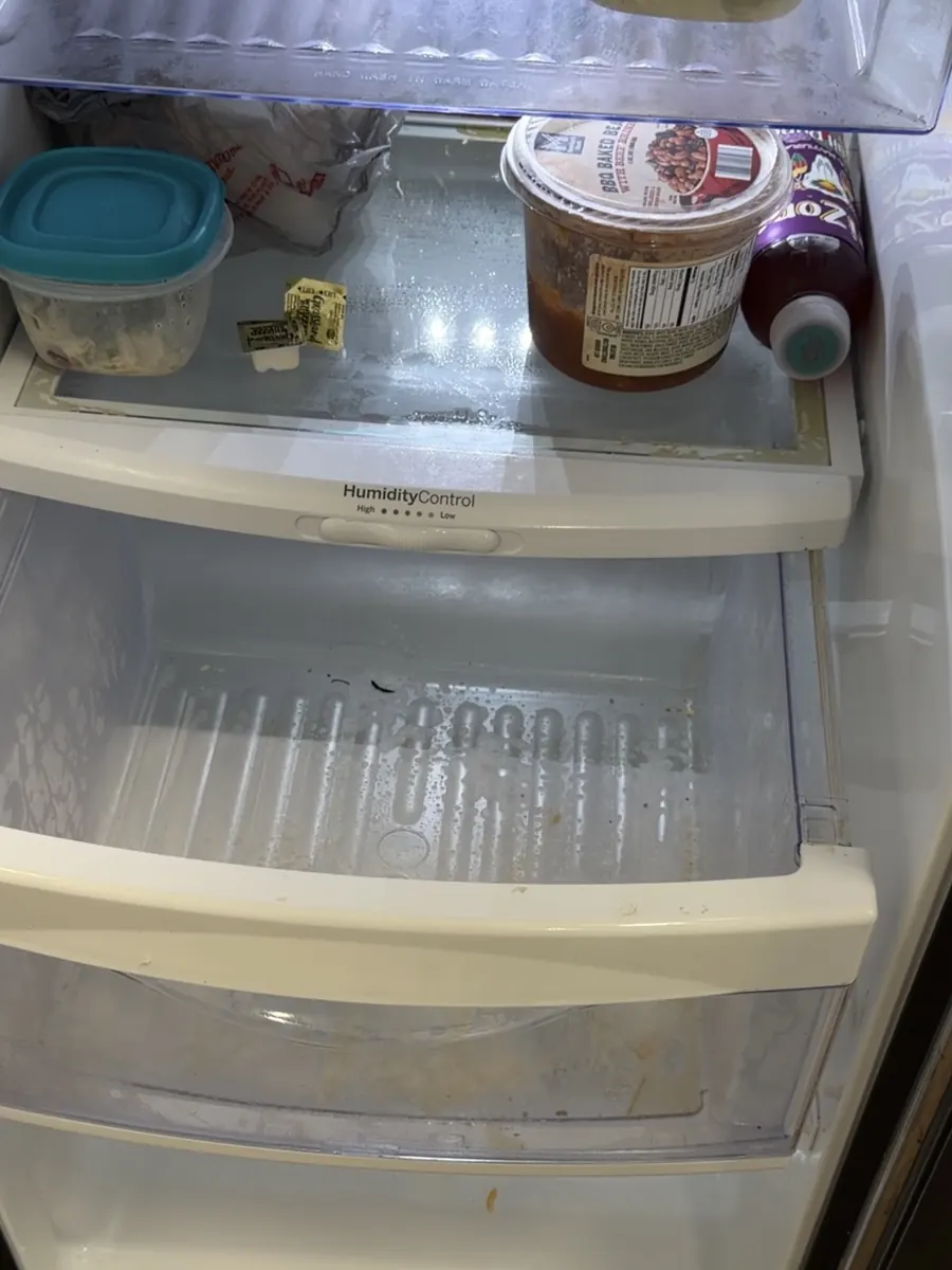 Before: refrigerator with stains, food spills and dirty drawers